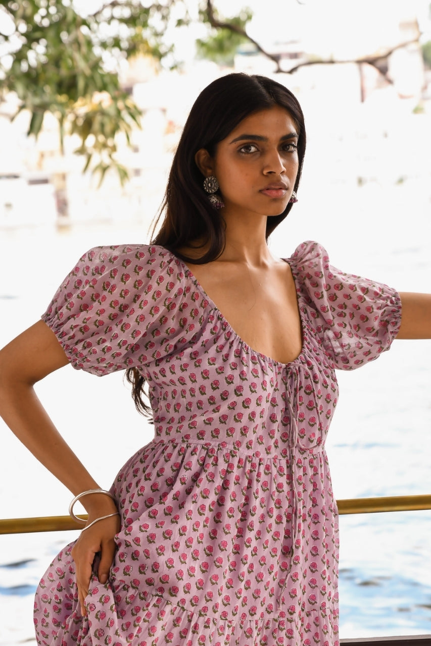 Sita Maxi Dress Violet — upper body puff sleeve detail by lakeside, hand block print cotton | Daughters of India