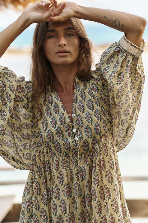 Bhoomi Maxi Dress Meadow — upper body detail showing billowed sleeves, hand block print cotton | Daughters of India