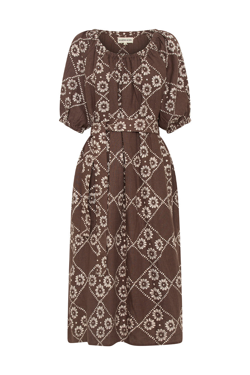 Dahlia Maxi Dress Maple — ghost flat lay, hand block print linen maxi with tie waist, maple brown diamond and daisy motif on white background | Daughters of India
