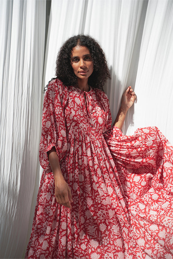 Daughters of India Kyra Midi Dress in Saffron — by white drapes in sunlight, screen print cotton